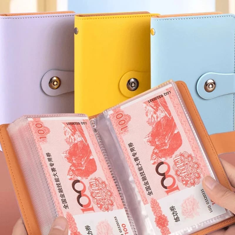 Livre de stockage de billets de banque en matériau PU, peut contenir 100 billets de banque, avec Photos de billets de banque, timbres, livre de stockage de cartes bancaires