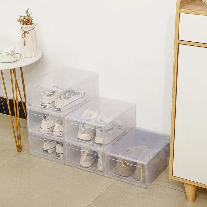 Lot de 6 boîtes à chaussures transparentes, organisateurs de chaussures, épaissies, pliables, anti-poussière, empilables, armoire à chaussures combinée, en solde