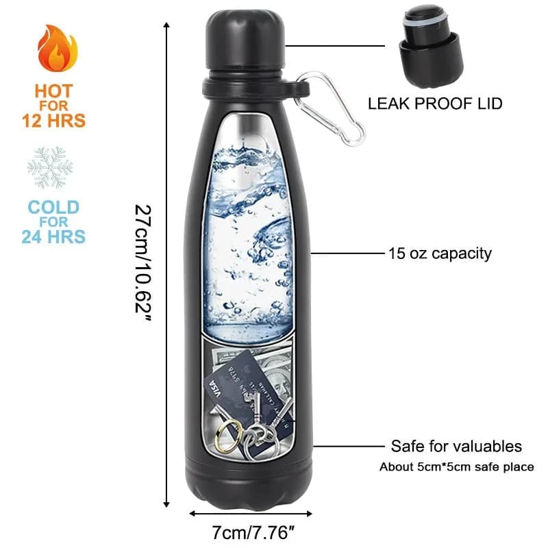 Bouteille d'eau de détournement secrète cachée en acier, coffre-fort secret, compartiment de rangement pour cartes, clés, argent liquide