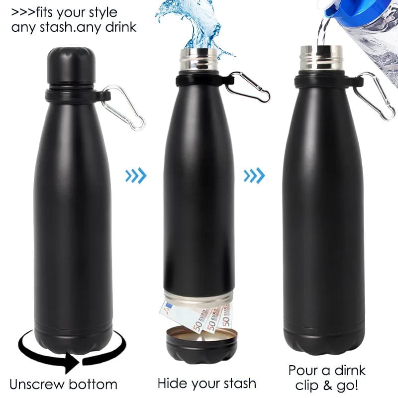Bouteille d'eau de détournement secrète cachée en acier, coffre-fort secret, compartiment de rangement pour cartes, clés, argent liquide