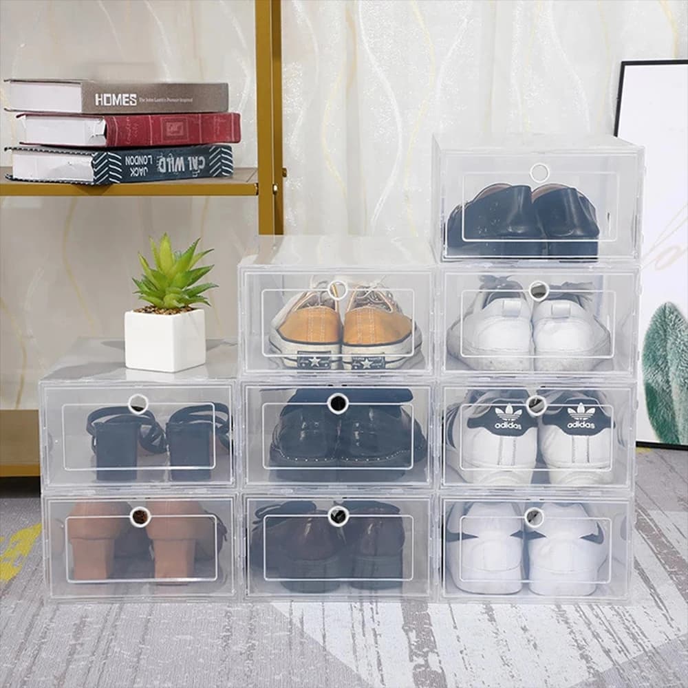 Lot de 6 boîtes à chaussures transparentes, organisateurs de chaussures, épaissies, pliables, anti-poussière, empilables, armoire à chaussures combinée, en solde