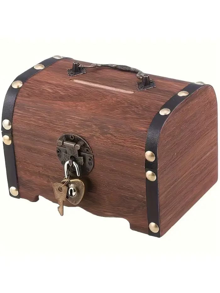 Coffre au trésor vintage en bois avec serrure, boîte de rangement décorative pour pièces de monnaie